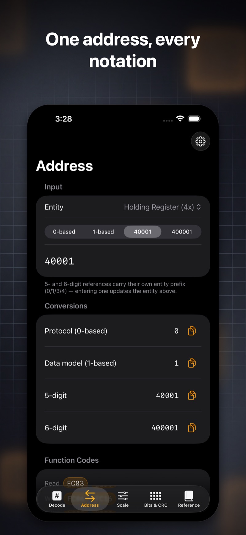 FieldReg Address screen: holding register 40001 shown as protocol 0-based, 1-based data model, 5-digit and 6-digit references with read/write function codes.