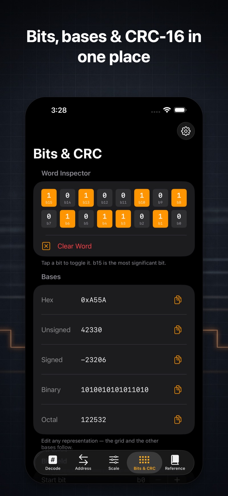 FieldReg Bits & CRC screen: a tappable 16-bit word inspector for 0xA55A with live hex, unsigned, signed, binary and octal bases.