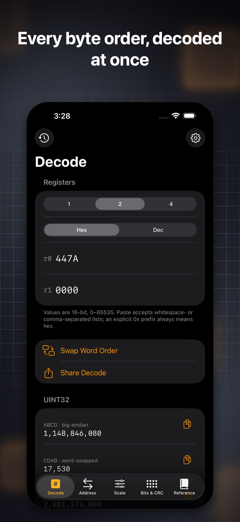 FieldReg Decode screen: two 16-bit registers decoded into UINT32 across big-endian, word-swapped and other byte orders simultaneously.