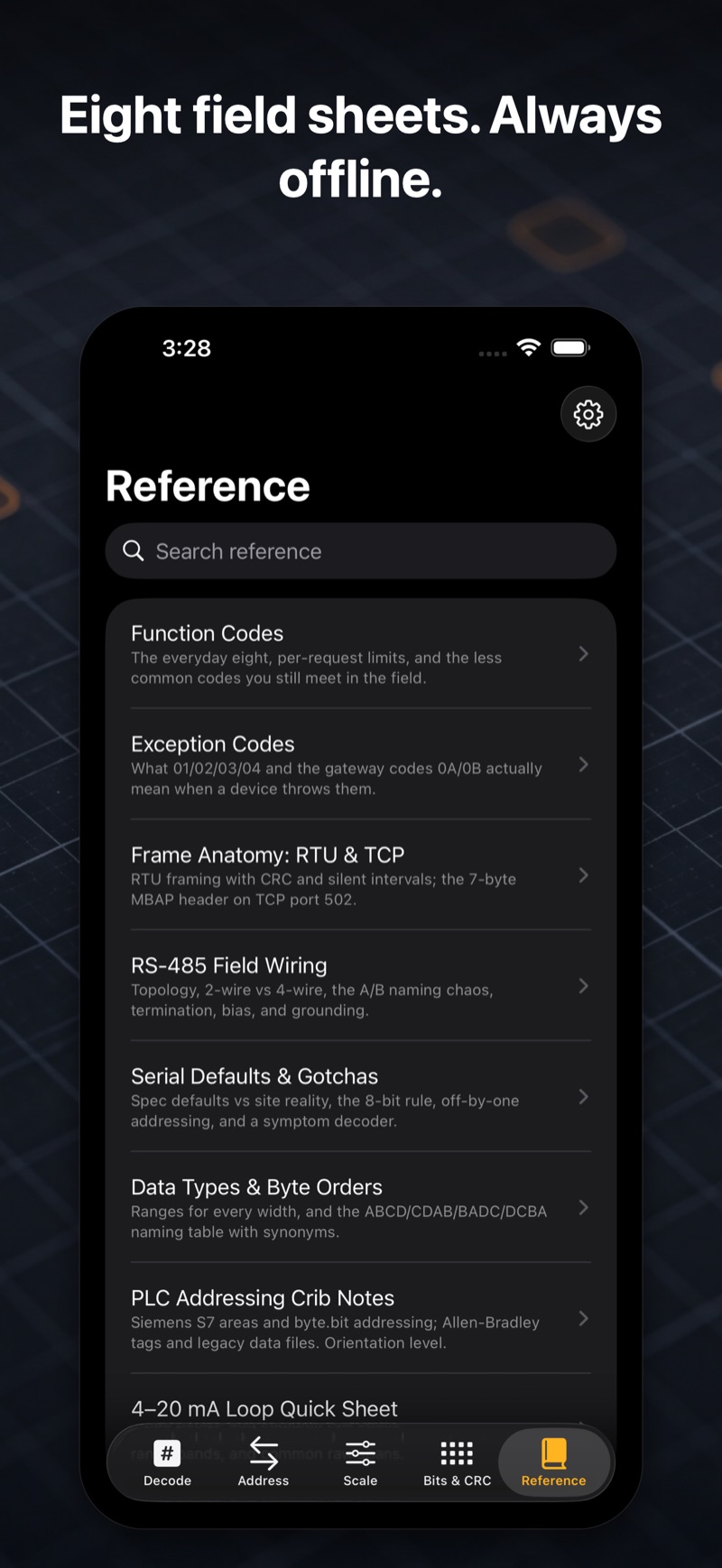 FieldReg Reference screen: a searchable library of offline field sheets including function codes, exception codes, frame anatomy and RS-485 wiring.