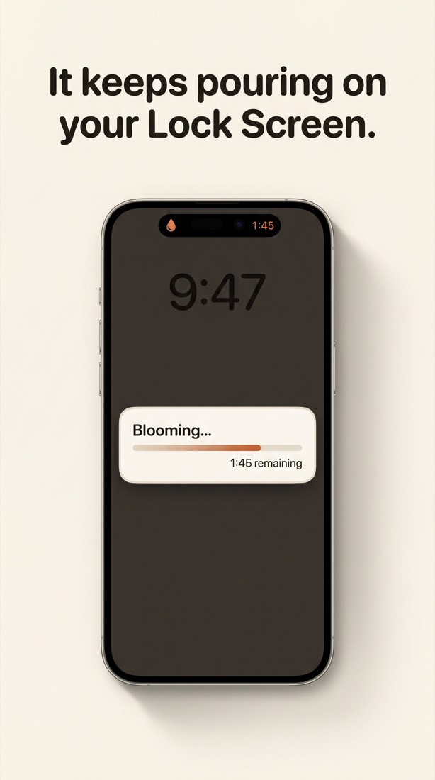 An iPhone Lock Screen showing Pour's Live Activity with the current step and a countdown.