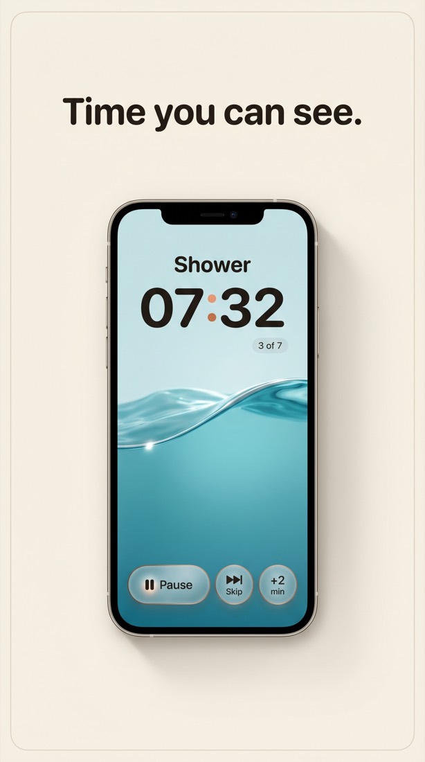The Pour player: a full-screen water timer drained to about half, with the step name Shower and large numerals reading 07:32.
