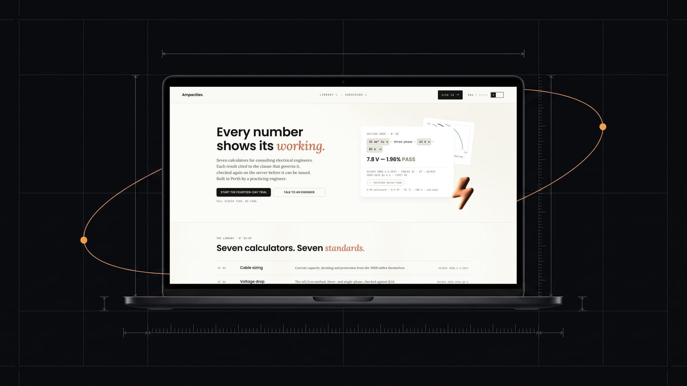The ampacities.com landing page on a laptop — a voltage-drop result of 7.8 V at 1.96%, cited to AS/NZS clauses.