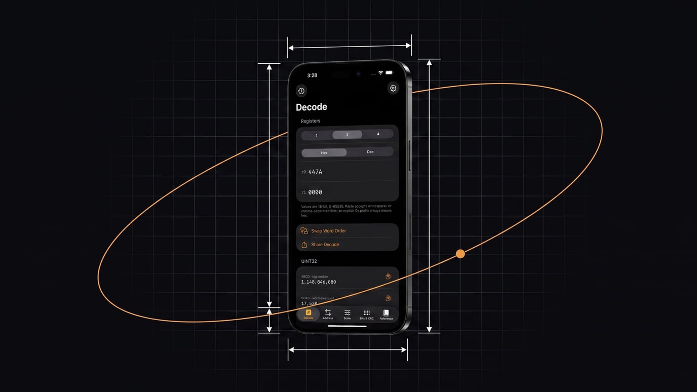 FieldReg's Decode screen on an iPhone — two registers decoded across every byte order at once.