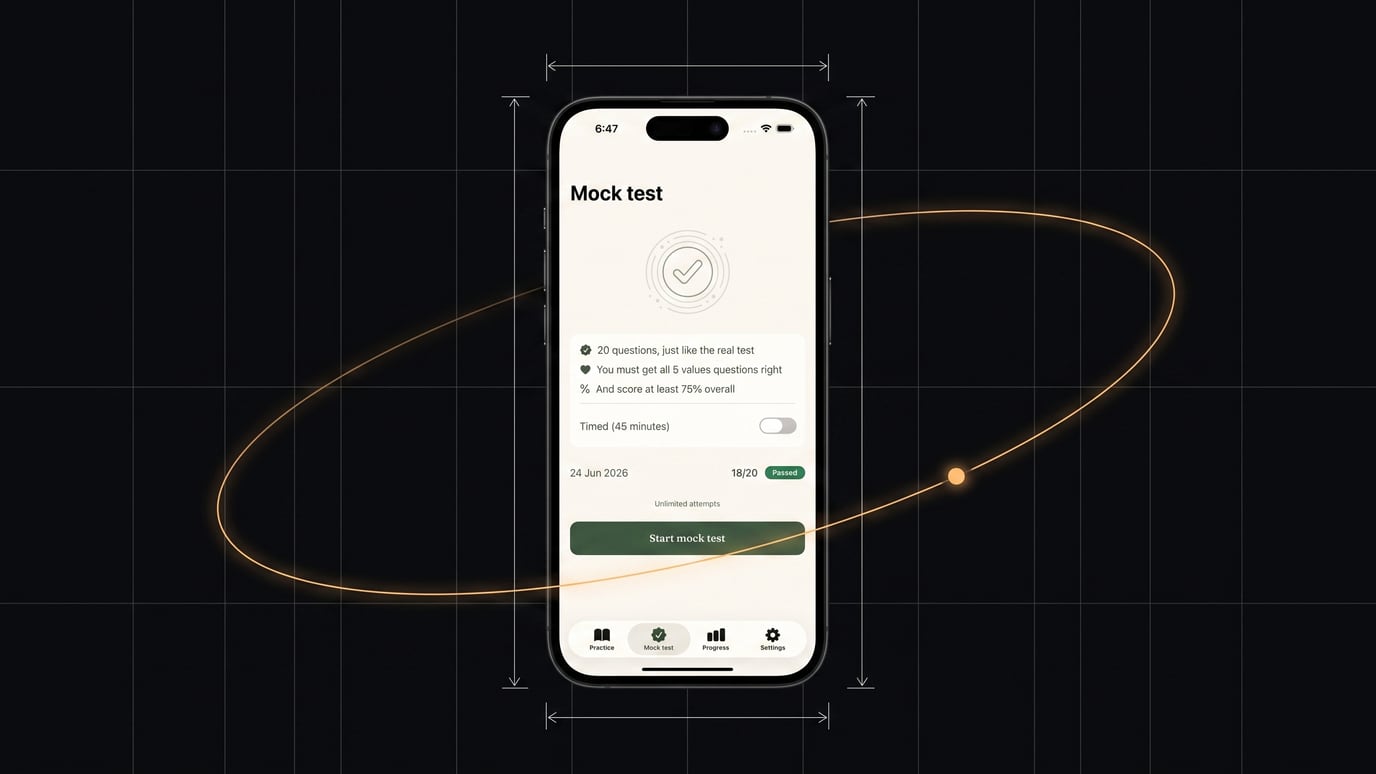 Golden Wattle's mock test screen on an iPhone — 20 questions like the real test, with a passed attempt on record.