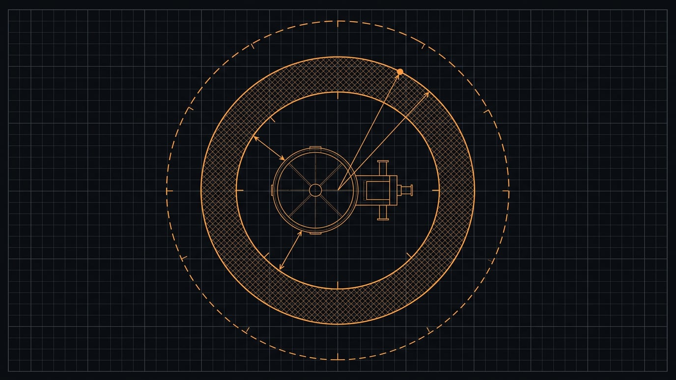 Concept plan drawing of hazardous-area classification zones — solid, hatched, and dashed boundaries around a vessel and pump.