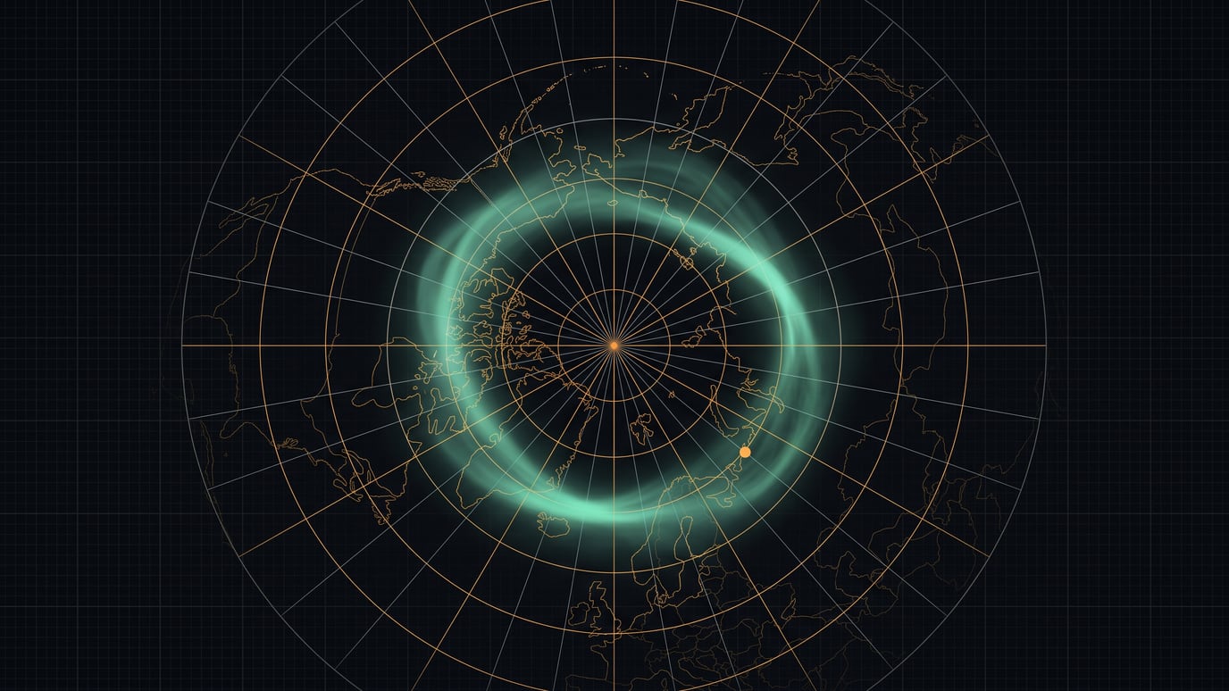 Concept drawing of the auroral oval glowing over a polar map projection with an amber graticule.