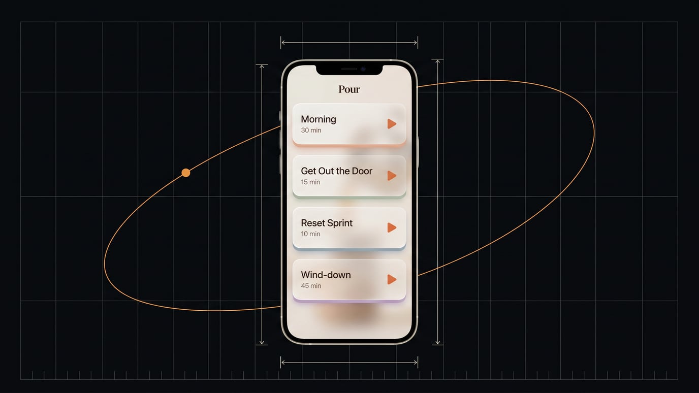 Pour's routine list on an iPhone — Morning, Get Out the Door, Reset Sprint, and Wind-down, each with a play button.